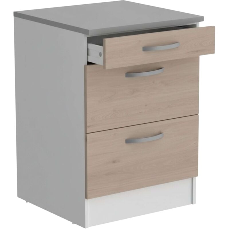 Module de cuisine inférieur Eko Trois tiroirs blancs et Jackson 60x60cm Oak
