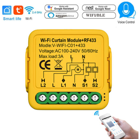 Module de rideau intelligent Tuya WIFI 433, interrupteur à persiennes, commande de volet roulant motorisé électrique, télécommande via application, compatible avec Google Assistant pour la commande vo