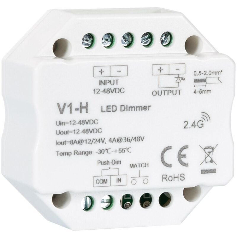Module de Variation led rf 12/48V pour Ruban led Monochrome Compatible avec Bouton-Poussoir Blanc