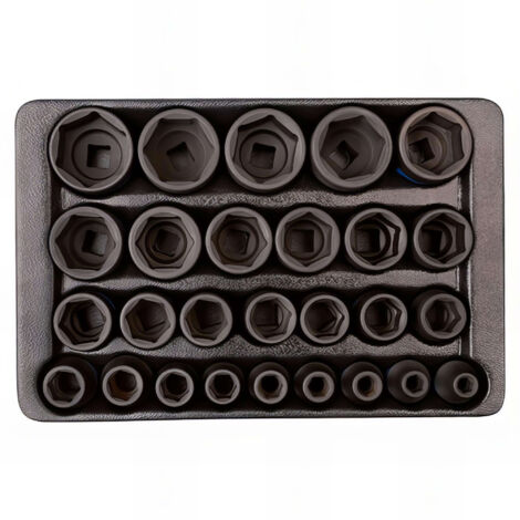 Module douilles à chocs 1/2' – 27 pièces – Douilles 6 pans de 8 à 34 mm – Pour outils à chocs – Coffret de rangement inclus – King Tony