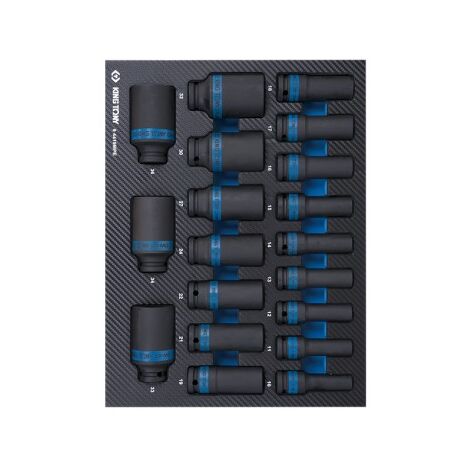 Module mousse 19 pièces douilles chocs longues 1/2' – Dimensions 10 à 36 mm – Pour usage professionnel en mécanique – King Tony
