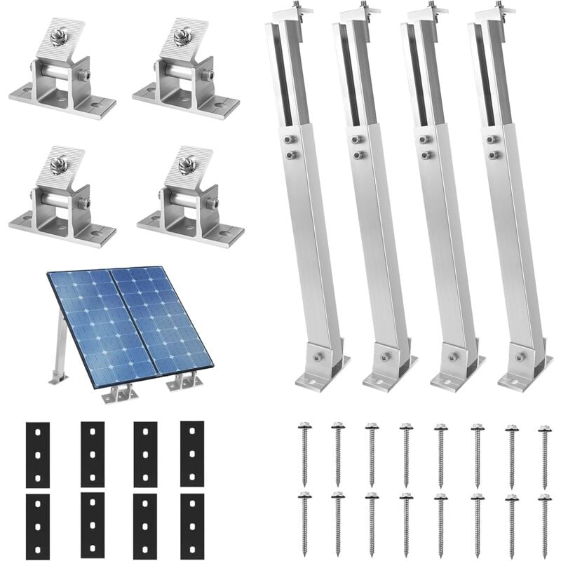 Modules Solaires de Fixation - Support de Panneau Solaire - Toit Plat 15° - 30° - En Aluminium - Kit de Montage 36 Cm - 70 Cm - RéGlable