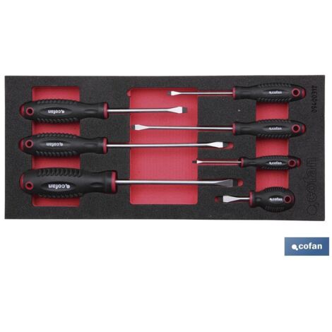 Módulo destornilladores planos 7 piezas, medidas 393 x 180 mm, adaptable a cajón Cofan