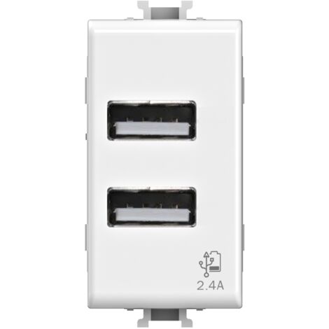 Modulo doppia presa USB 2.0 tipo A, 5Vdc 2,4A, serie U, bianco, compatibile con serie BTicino Matix - 4Box USB 2.4 4B.AM.USB.24
