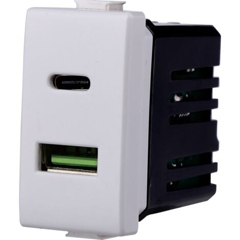Modulo doppia presa USB 2.0 tipo A e USB 3.1 tipo C, 5Vdc 3,1A, serie Solar, bianco, compatibile con serie BTicino Matix - Ettroit MT3002