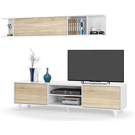 Módulo TV + Estante para colgar, Color Blanco Brillo y Roble Canadian