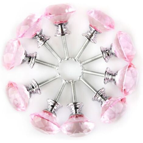Möbelknopf, Türknopf, Schubladenknopf, Schrankknopf, Schrankgriff, Klares Kristallglas, 30 mm Durchmesser, Rund, Rosa Glas, 10 Stück