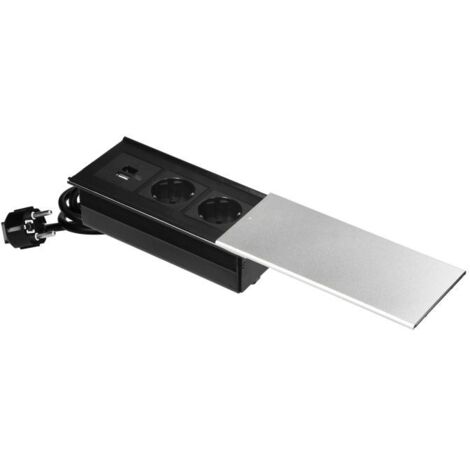 Möbelsteckdose mit Schiebedeckel, 2x2P+Z (Schuko), USB A+C, silber