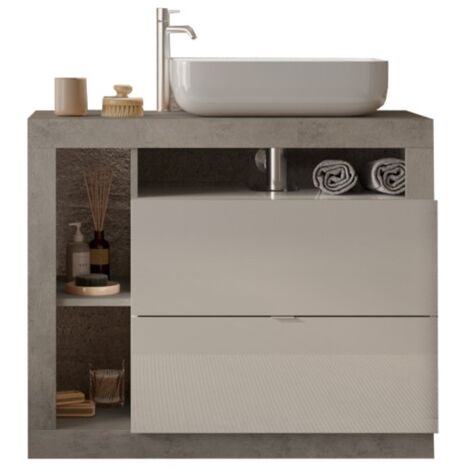 Möbelstück für das Badezimmer mit einem Waschbecken und 2 Schubladen, Länge 92cm, Kollektion BURA. Farbe in glänzend Weiß und Beton.