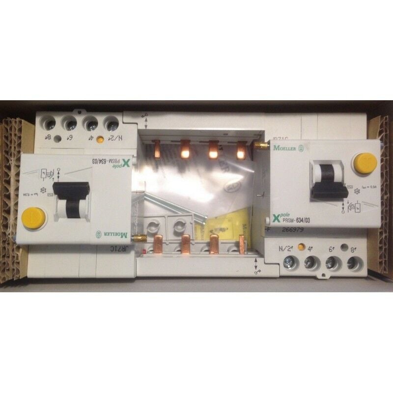

Moeller PBSM-634/03-F - 266 979 - Conjunto de 2 bloques 63A Diferenciales - 300mA - 4-posici