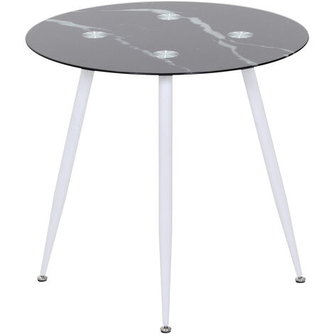 MOG CASA Mesa de Comedor Fija Redonda Corin  80 x 80 x 75 cm  Ideal para Cocina o Salon  Materiales Resistentes  Tablero con Efecto Marmol Negro  Patas de Metal en Blanco