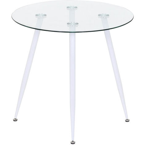 MOG CASA Mesa de Comedor Fija Redonda Corin  80 x 80 x 75 cm  Ideal para Cocina o Salon  Materiales Resistentes  Tablero de Cristal Transparente  Patas de Metal en Blanco