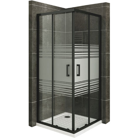 MOG Mampara de Ducha 75x90 cm altura: 190 cm con puertas correderas de esquina con perfiles negros 6mm Vidrio parcialmente satinado de seguridad – DK79 con Plato de Ducha