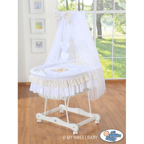 Moisés con dosel - Osito de peluche con lazo, blanco