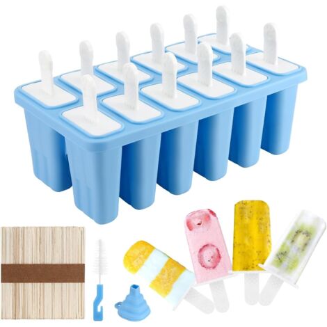 Molde de silicona para polos, 12 cavidades, reutilizable, sin BPA, para niños, con palito de madera y tapa, azul claro.
