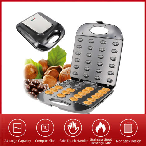 Molde eléctrico para pasteles (1400 W) - Máquina automática para hacer galletas [24 moldes con forma de nuez, revestimiento antiadherente, dimensiones 31 x 26 x 11 cm, color: negro]