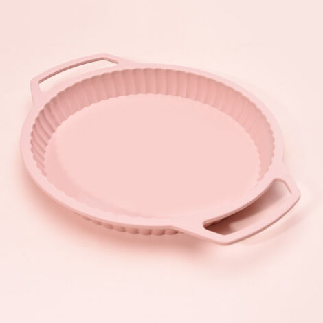 Molde redondo de silicona para tartas, con borde ondulado, antiadherente y antidesbordamiento, color rosa