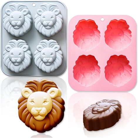 Moldes de silicona con forma de cabeza de león (paquete de 2, 4 cavidades) - Moldes 3D para hornear chocolate, fondant y resina - Grado alimenticio y sin BPA