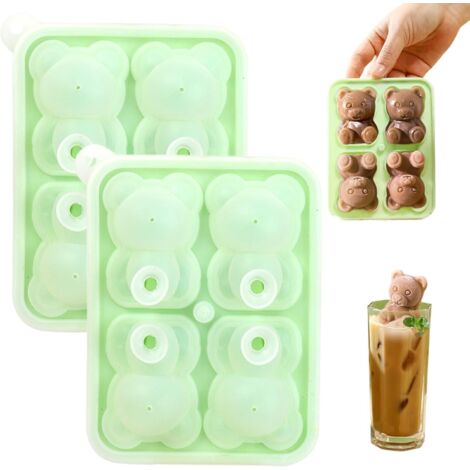 Moldes para cubitos de hielo con forma de oso, juego de 2, moldes de silicona para cubitos de hielo, bonitos moldes 3D para cubitos de hielo con revestimiento antideslizante, adecuados para niños y ad