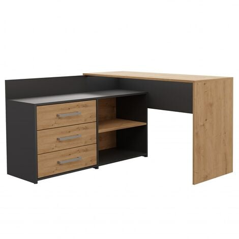 HUCOCO MOLINE - Bureau d'angle avec rangement - 3 tiroirs + 2 etagères - 120x50x76 cm - Bureau d'ordinateur