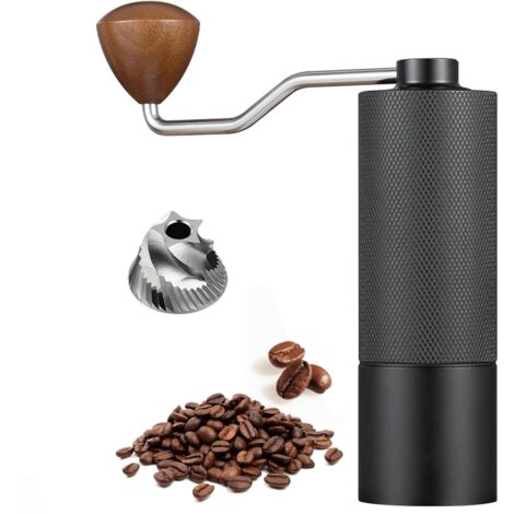 Molinillo de café manual, capacidad de 25 g, muela cónica de acero inoxidable, mango de madera, ajustes internos regulables, posicionamiento de doble rodamiento, color negro.