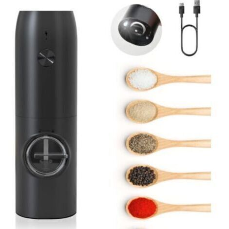 Molinillo de pimienta eléctrico recargable por USB con molienda ajustable y luz LED, ideal para sal, hierbas y cocina.