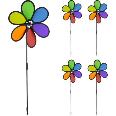 Molinillos Unidades Pack 5 Molinos Viento, Forma Flor, Molinetes Decorativos para el Jardín, Arcoíris, 66 x 27 x 7 cm, Multicolor