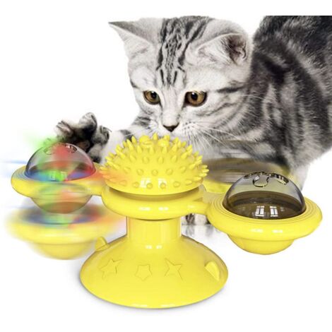 Molino de viento giratorio con luz intermitente, juguete para gatos, cepillo, masajeador y rascador con ventosa, color amarillo.