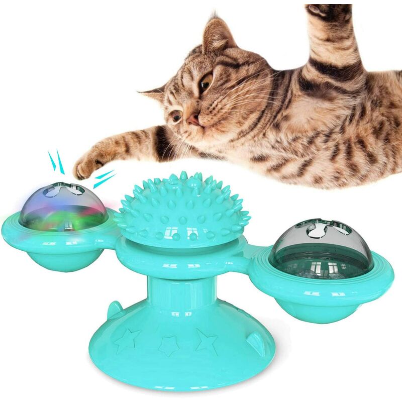 

Molino de viento para gatos, con bola LED y bola de hierba gatera, cepillo rascador, azul