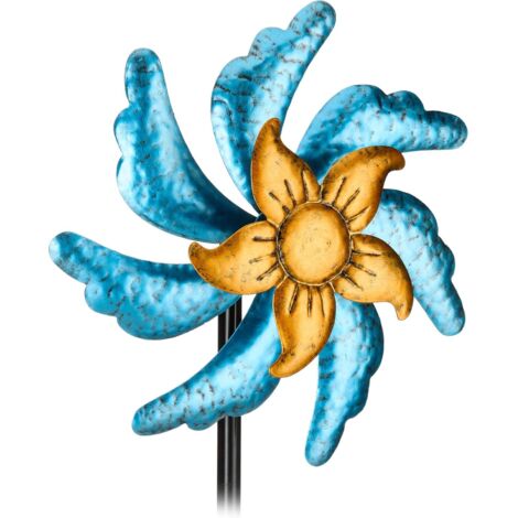 Molino de Viento para Jardín, Molinete para Macetas con Estaca, 120x30x12,5 cm, Hierro, Molinillo, Azul/Dorado