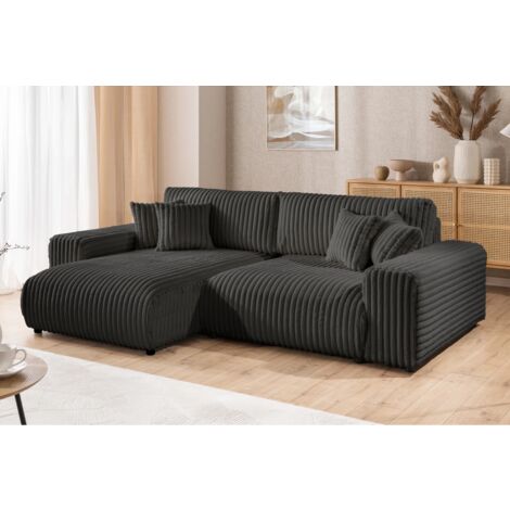 Mollis - Ecksofa mit Schlaffunktion und Bettkasten aus Dunkelgrau Plüschcord mit schöner Sitzkomfort