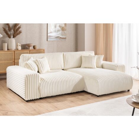 Mollis - Ecksofa mit Schlaffunktion und Bettkasten aus Hellbeige Plüschcord mit schöner Sitzkomfort
