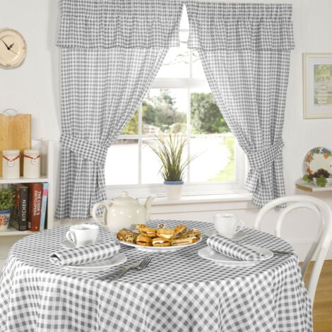 Molly Charcoal Gingham Check Kitchen Curtains Pencil Pleat 46x54" Dining Room Linen