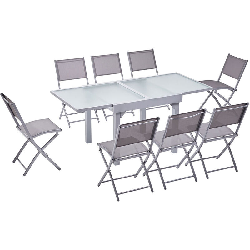 

Molvina 8: Mesa de jardín extensible de aluminio para 8 personas + 8 sillas - Gris