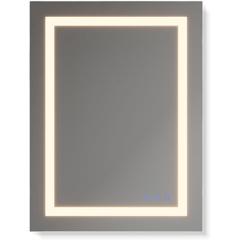 Moments of Glass Espejo de Banho Rectangular con Iluminacion LED  Espejo de Pared 60x80 cm, Interruptor Tactil, Tres Colores, Luz Regulable, Funcion Antivaho  Oblong
