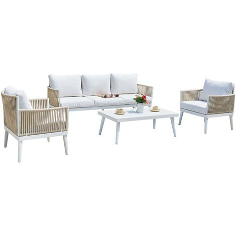 MOMMA HOME SET DE JARDIN 4 PIEZAS MODELO CALPE ALUMINIO BLANCO, COJINES Y CUERDAS