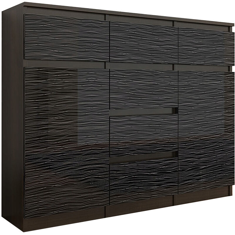 MONACO 2W - Commode contemporaine meuble rangement chambre - 120x40x98 - 6 tiroirs 2 portes - Finition Gloss - Buffet séjour - Wenge/Noir