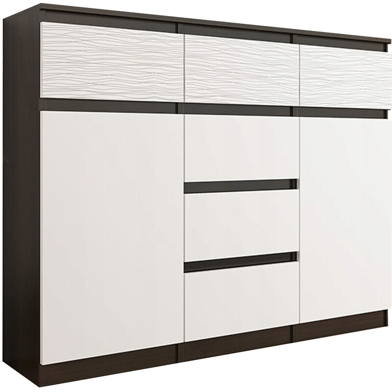 MONACO 3W - Commode contemporaine meuble rangement chambre - 120x40x98 cm - 6 tiroirs 2 portes - Finition Gloss - Buffet séjour - Wenge/Blanc