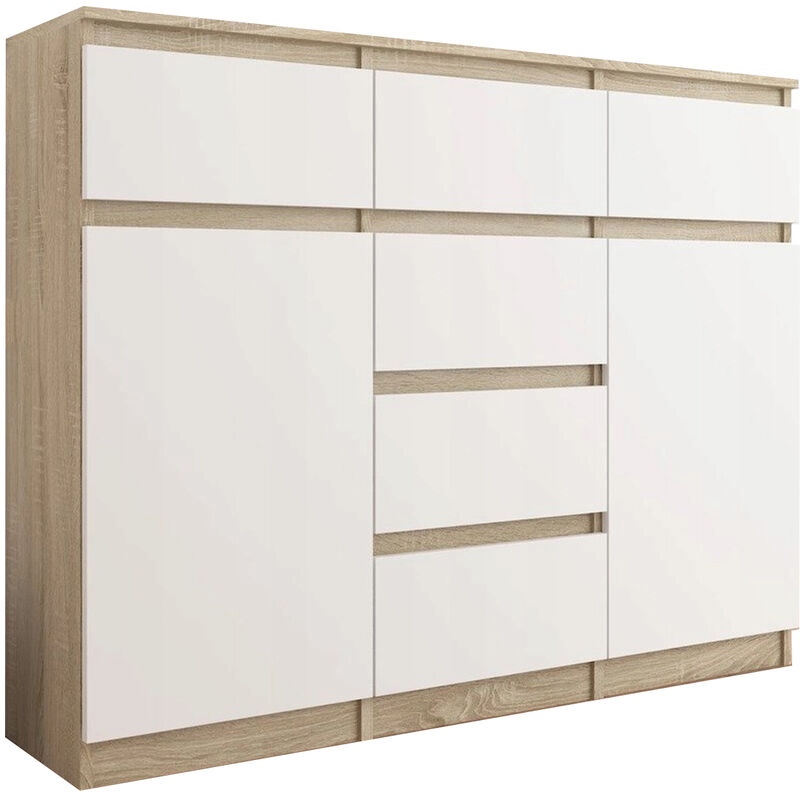MONACO - Commode contemporaine meuble rangement chambre/salon/bureau - 120x40x98 cm - 6 tiroirs coulissants - Buffet séjour - Sonoma/Blanc