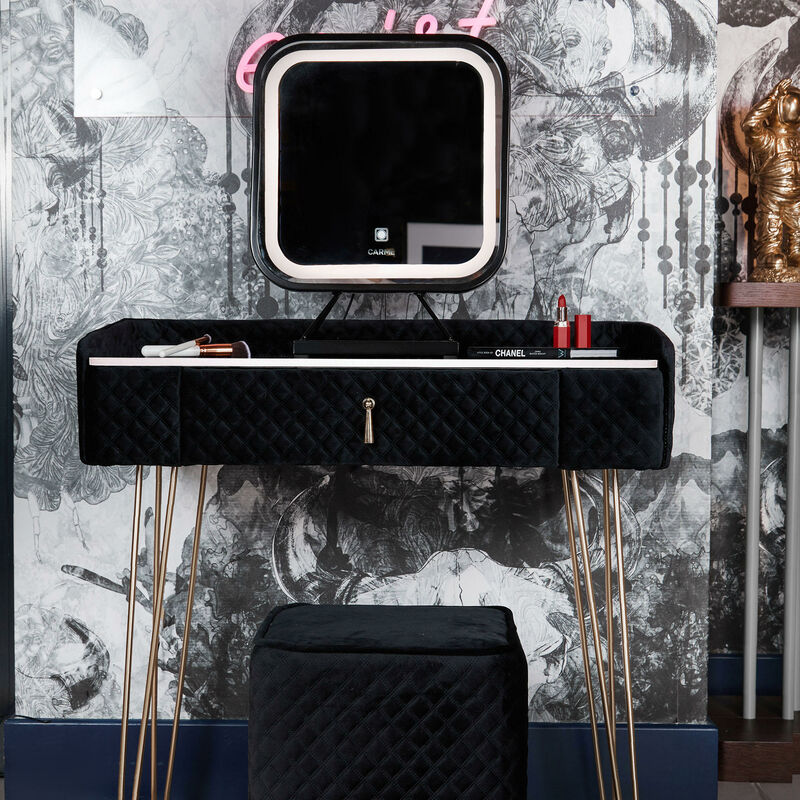 Carme Home - Monaco Nights Noir Black Velvet Dressing Table with LED Touch Sensor Mirror