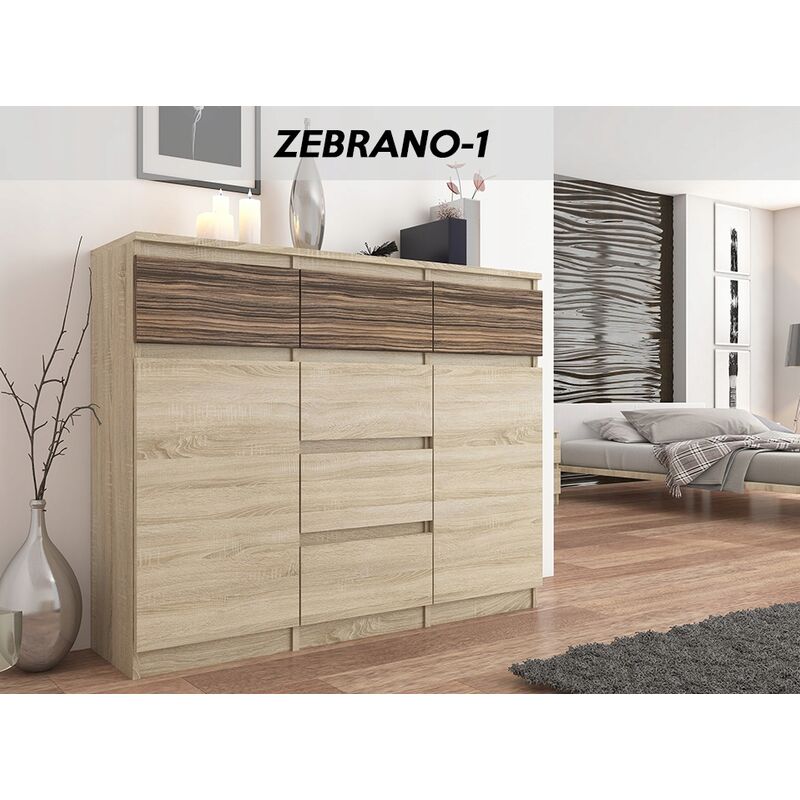 

MONACO S1 - Cómoda moderna Mueble de almacenaje - 120x40x98 - 6 cajones + 2 puertas - Acabado brillante - Salón / Aparador de salón - Sonoma/Zebrano