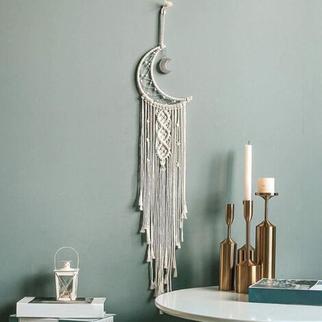 Mond-Traumfänger, Boho-Wanddeko mit Quasten, beigefarbener Mond