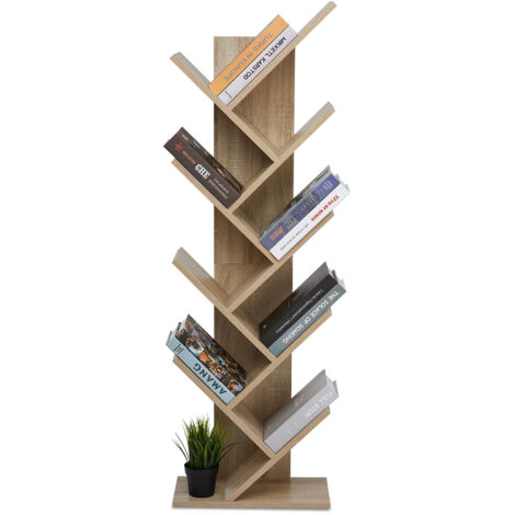 Mondeer 8-Tier Tree Bookshelf, Wooden Shelves for CDs Magazine, Modern, for Living Room & Office, 40 x 20 x127cm, Oak