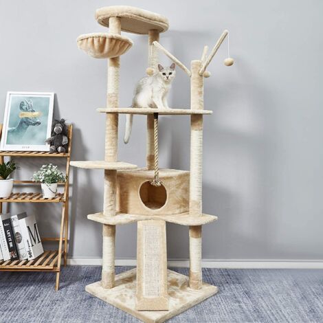 Mondeer – Arbre à chat 168 cm avec 6 niveaux – Grotte spacieuse – Troncs en sisal épais – Planche à griffer incluse – Beige