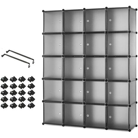 Mondeer Armadio modulare cubi componibili in plastica, Guardaroba Modulare Organizer con Appendiabiti, Portaoggetti Grigio 20 cubi