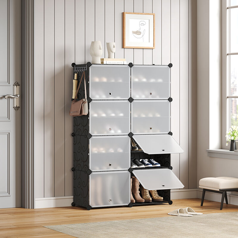Mondeer - Meuble à chaussures armoire modulable Étagère de rangement à chaussures en plastique 8 compartiments Noir