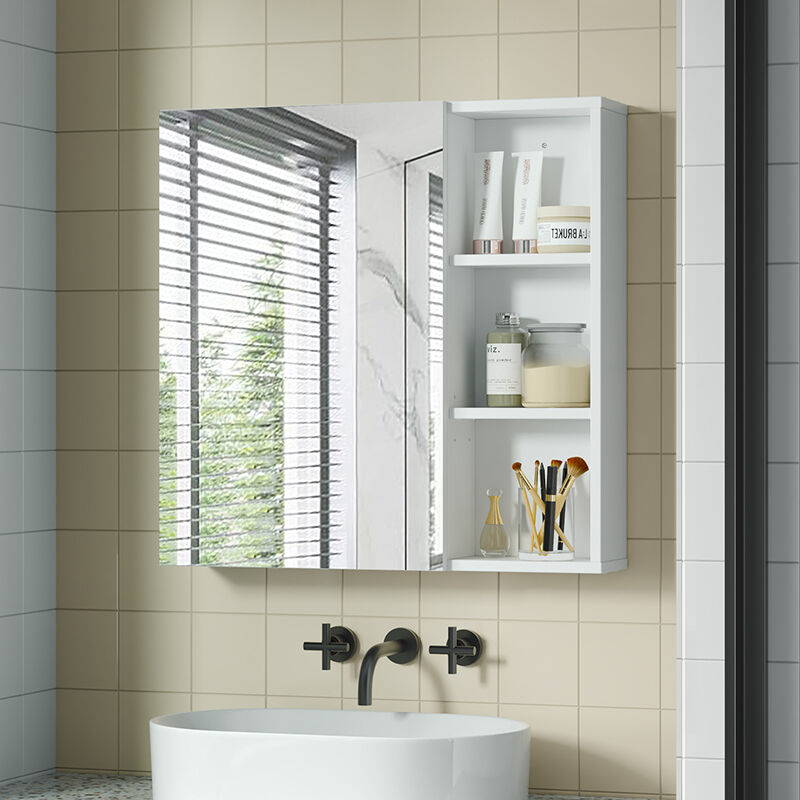 Mondeer - Armoire miroir de salle de bain avec crochet à brosse à dents et crochet à rasoir en acier inoxydable 65 x 15 x 65 cm Blanc