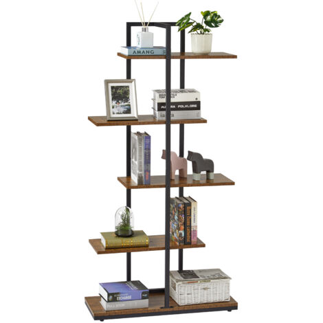 Mondeer – Bibliothèque en quinconce 5 niveaux – Panneau de particules 15mm – Cadre métal noir – Style industriel vintage – Dimensions 74x28x144.5cm