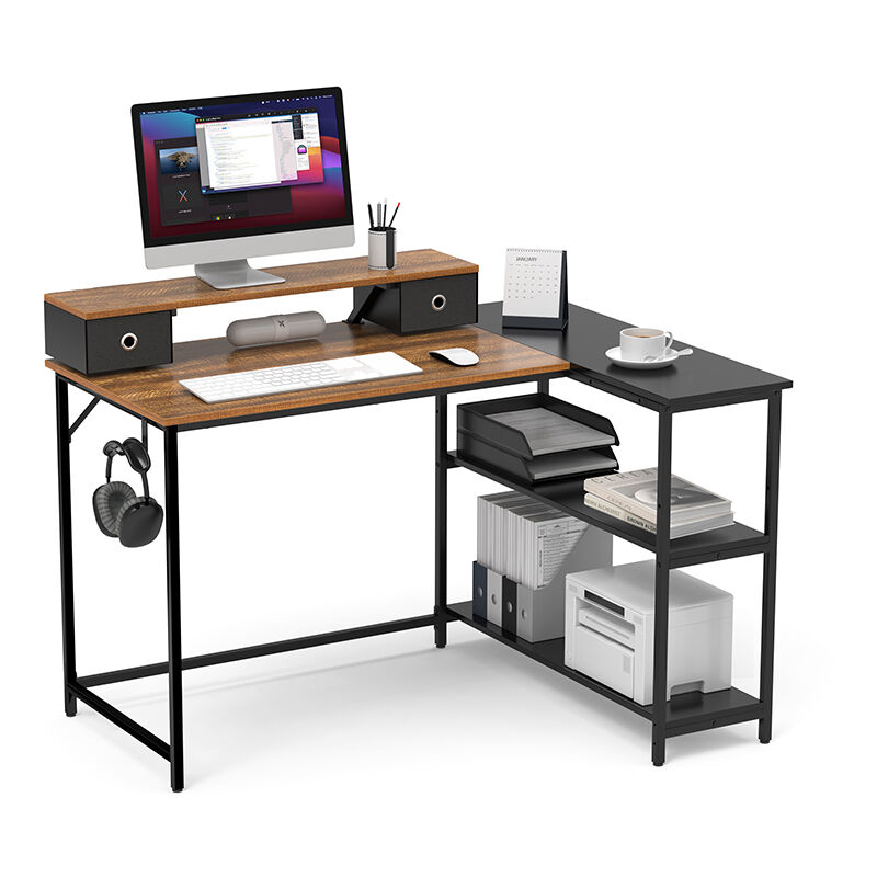 Mondeer - Bureau d'angle en forme de l avec 2 Étagères 120x88.5x90cm brun Vintage et Noir