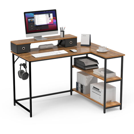 Mondeer – Bureau d'angle en L 120x88.5x90cm – 2 étagères réglables – Panneaux de particules E1 – Capacité 70kg – Brun vintage